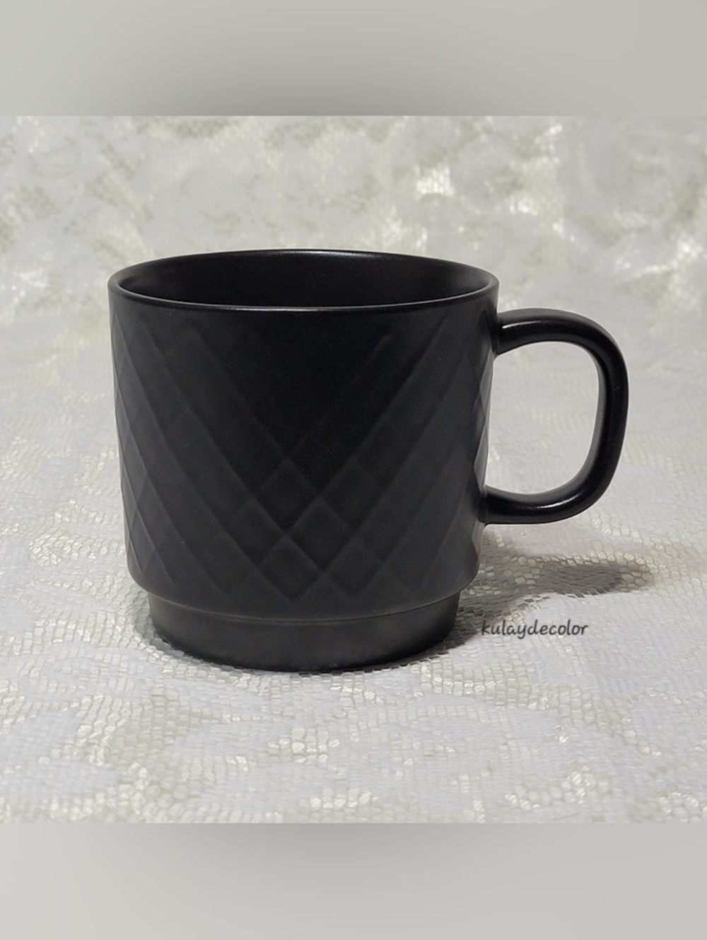 Starbucks 2013 Matte Black Embossed Quilted Diamond Pattern Textured Ceramic Mug
